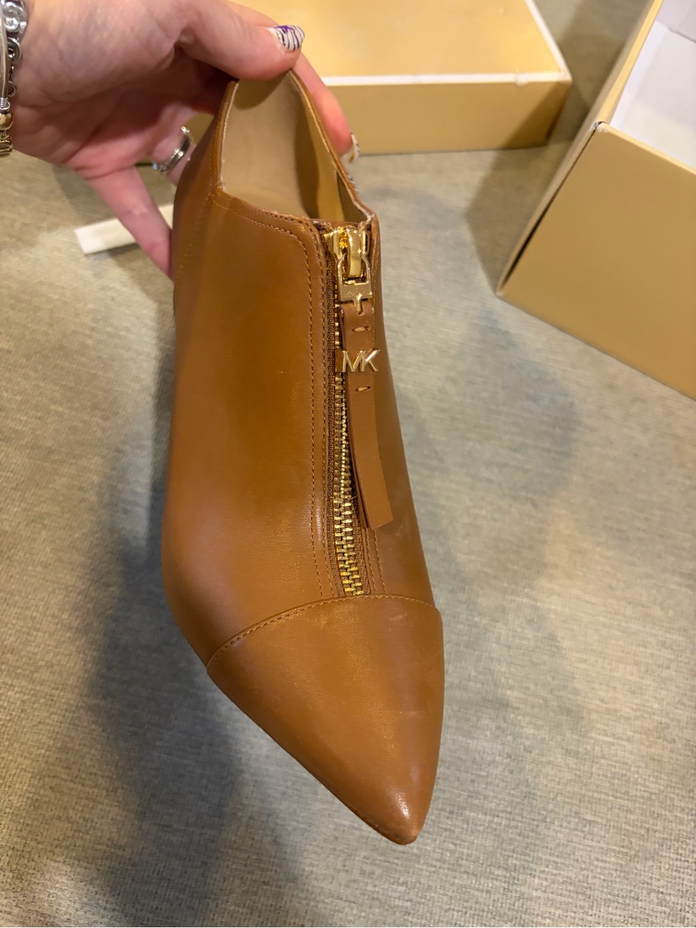 Michael Kors Cognac Leather Pointed Zip Mule with Gold Hardware